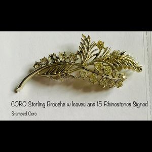 Vintage Coro stamped Large Gold Vermeil Rhinestone Leaf Brooche